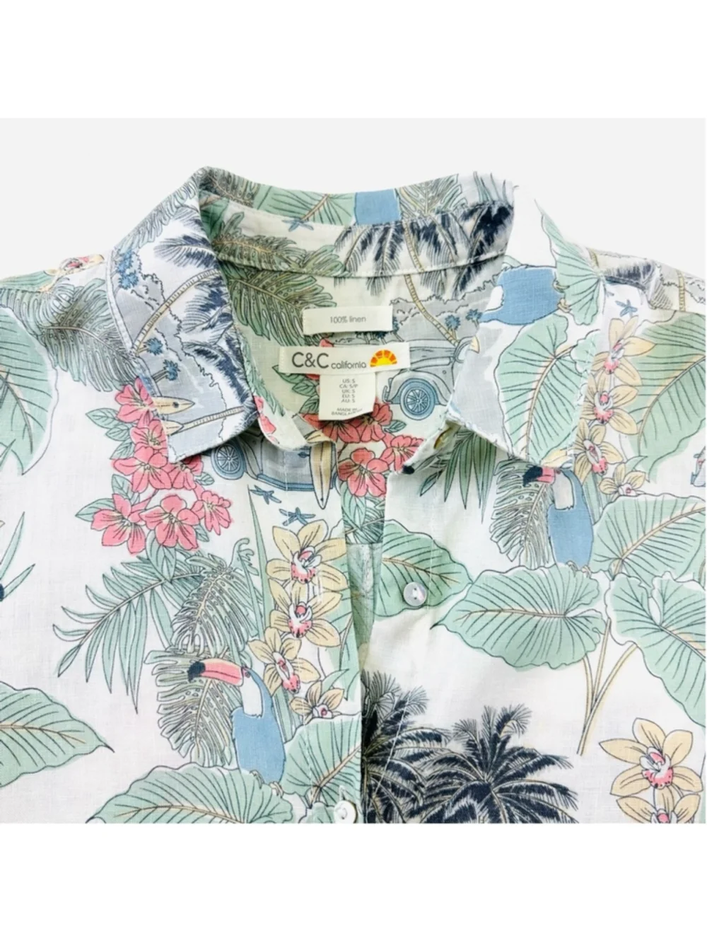 Tropical pastel linen shirt dress Small short sleeve button up collar